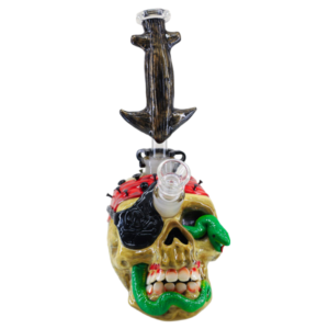 WTP-2394 Pirate Snake Eyes Skull Water Pipe – 10" Hand-Painted Horror Glass